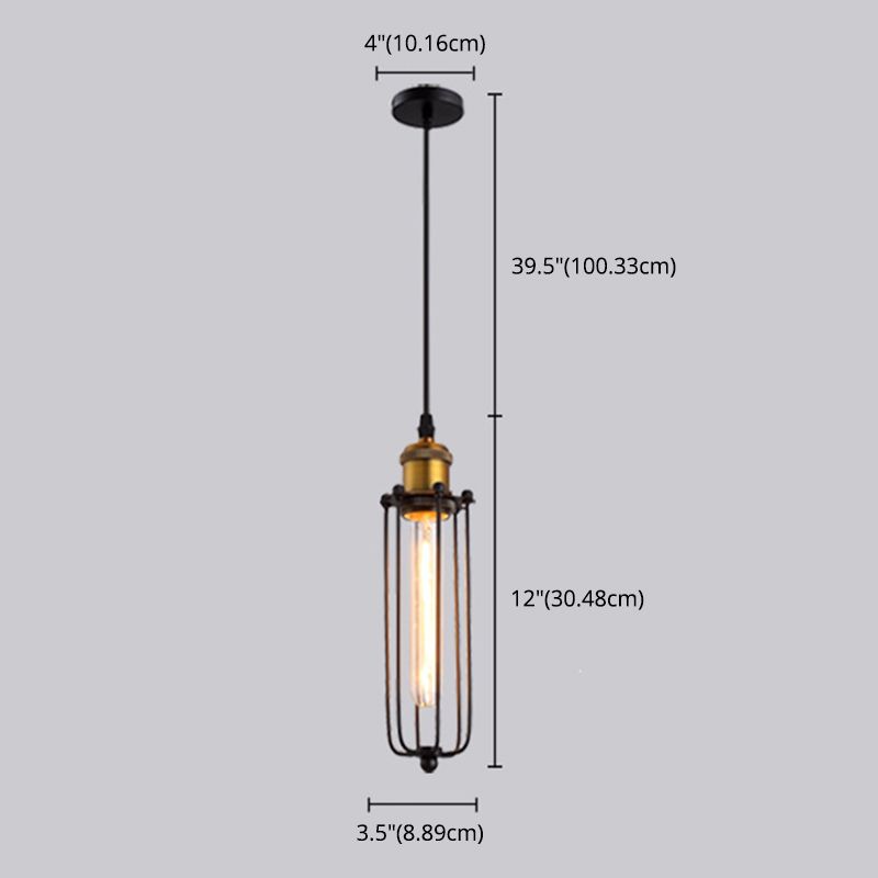 Vintage Industrial Cylindrical Wire Cage Pendant Light Black Metal Suspension Light for Living Room