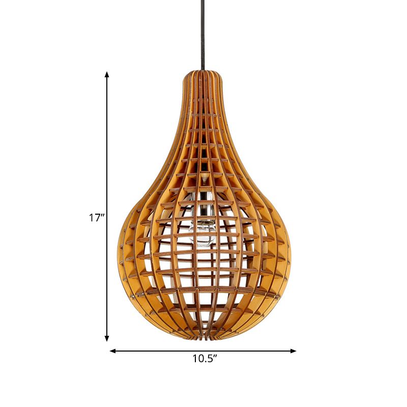 Gridded Raindrop Cage Pendant Lighting Minimalist Wooden 1-Light Brown Suspension Light