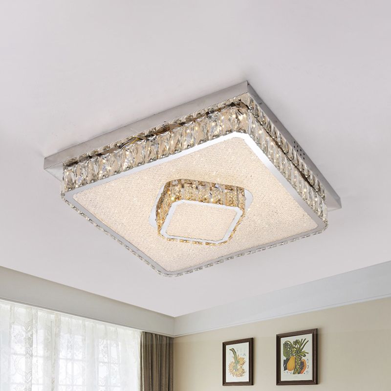 Beveled Crystal Square Flush Mount Lamp Simple LED Chrome Close to Ceiling Lamp in Warm/White Light