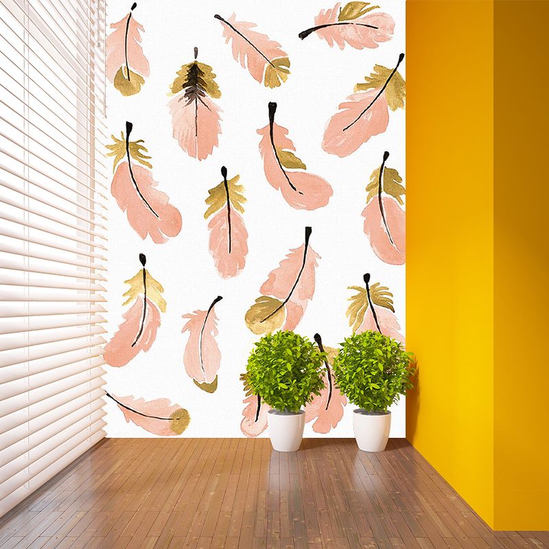 Orange Pink Feathers Mural Decal Stain Resistant Stylish Bedroom Wall Art, Non-Woven Cloth