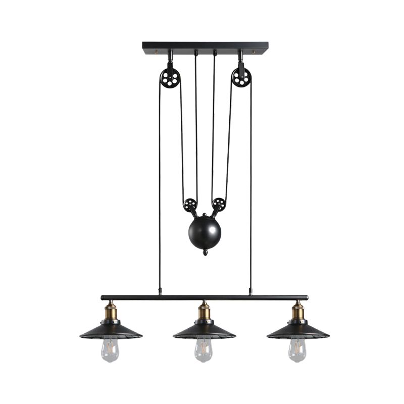 Saucer Foyer Island Lighting Style industriel Metal 3 lumières Black suspension de plafond avec poulie