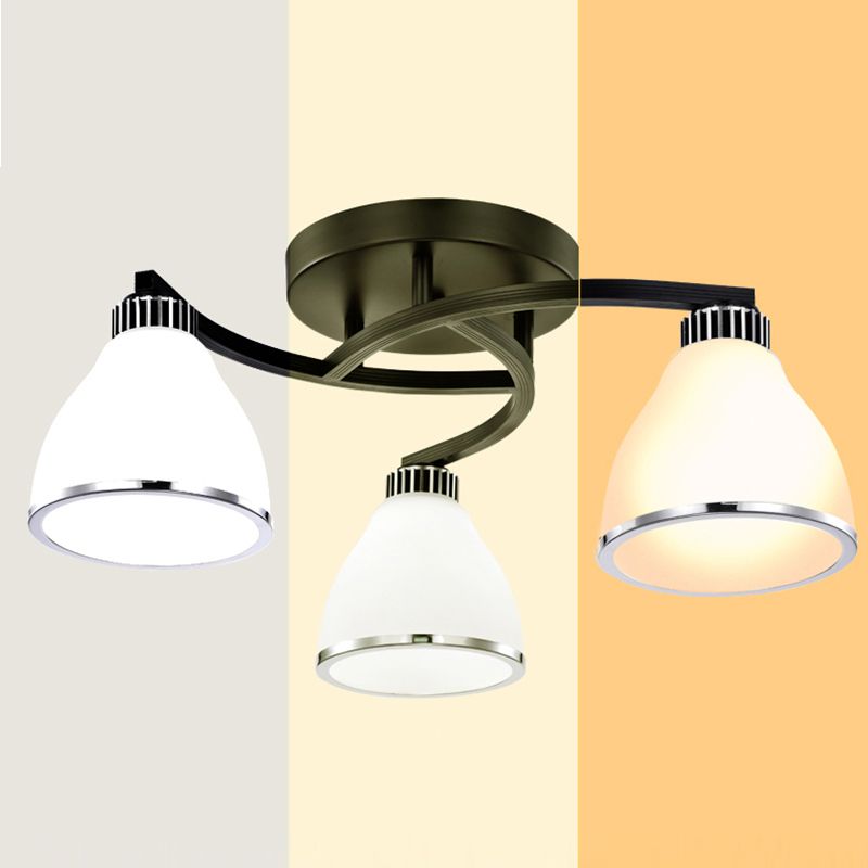 Modern Bell Shaped Flush Lamp White Glass Living Room Semi Flush Ceiling Light in Black