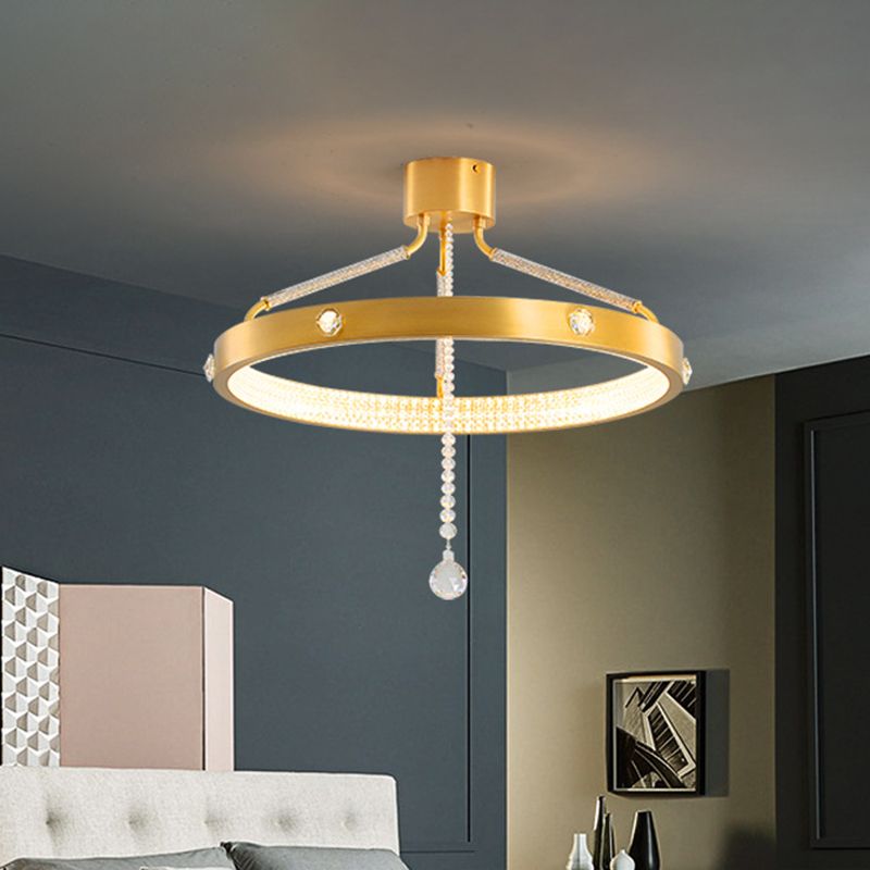 19.5"/15.5" Wide LED Semi Flush Mount Contemporary Ring Metal Ceiling Lighting in Gold with Crystal Strand
