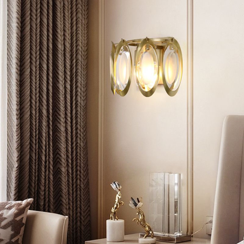 Gold Oval Sconce Light Contemporary 2 Lights Cut Crystal Wall Light Fixture for Living Room
