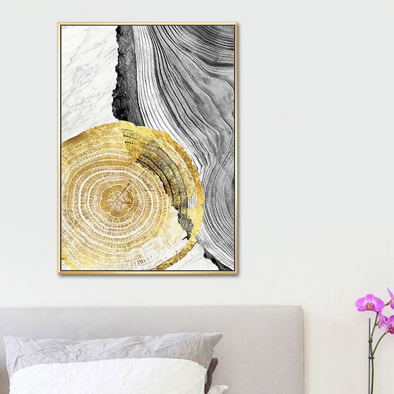 Wood Annual Rings Wall Art in Black and Gold Simplicity Wrapped Canvas for Living Room