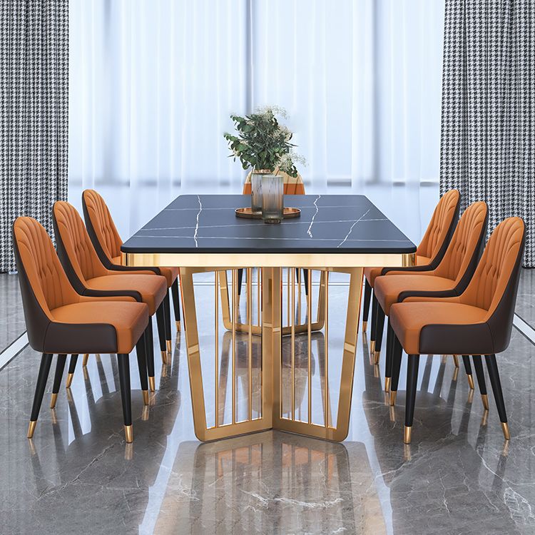 Minimalist Style Sintered Stone Dining Table with Fixed Table and Double Pedestal Base