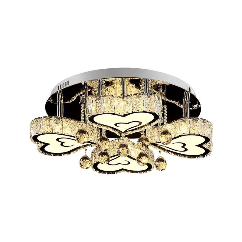 Loving Heart Bedroom Ceiling Fixture Faceted Crystal LED Contemporary Flush Mount Lamp in Chrome