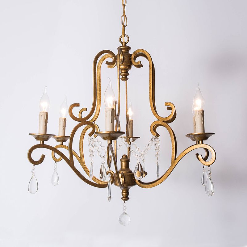 Traditional Candle-Style Chandelier Light 6 Lights Crystal Hanging Lamp Kit in Brass for Kitchen