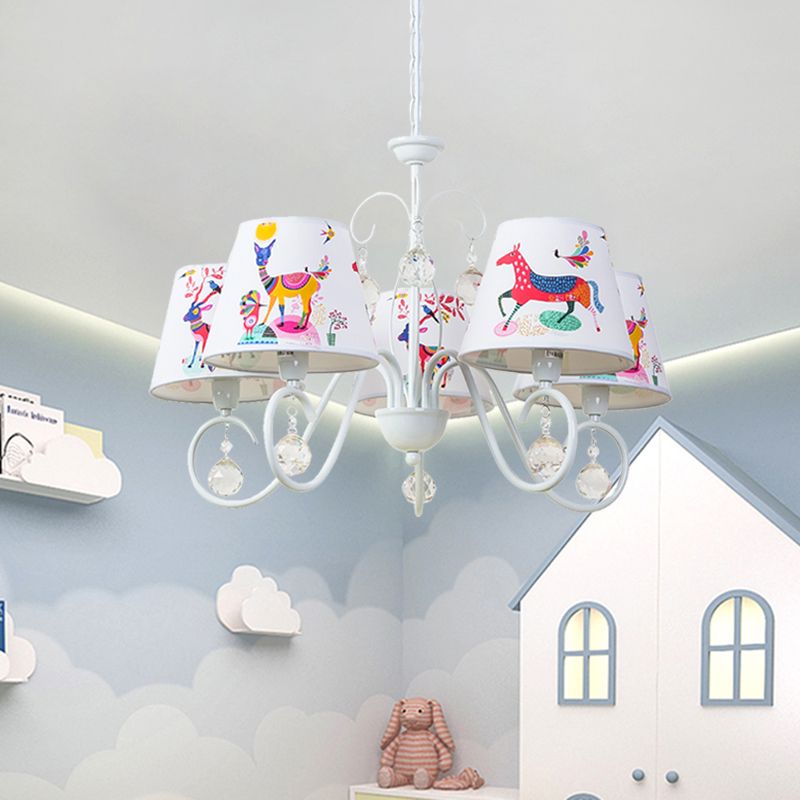 Cone Fabric Suspension Lamp Kids 5 Heads White Pendant Chandelier with Animal Pattern and Crystal Ball