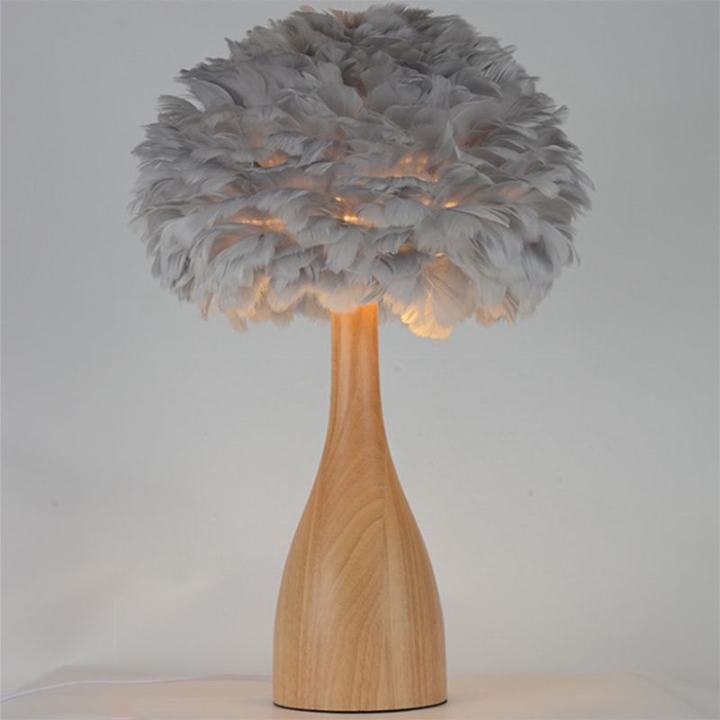 Dome/Tapered Shade Table Light Modern Feather Single Black/Pink/Cream Night Stand Lamp with Teardrop/Curved Rod/Tripod Base