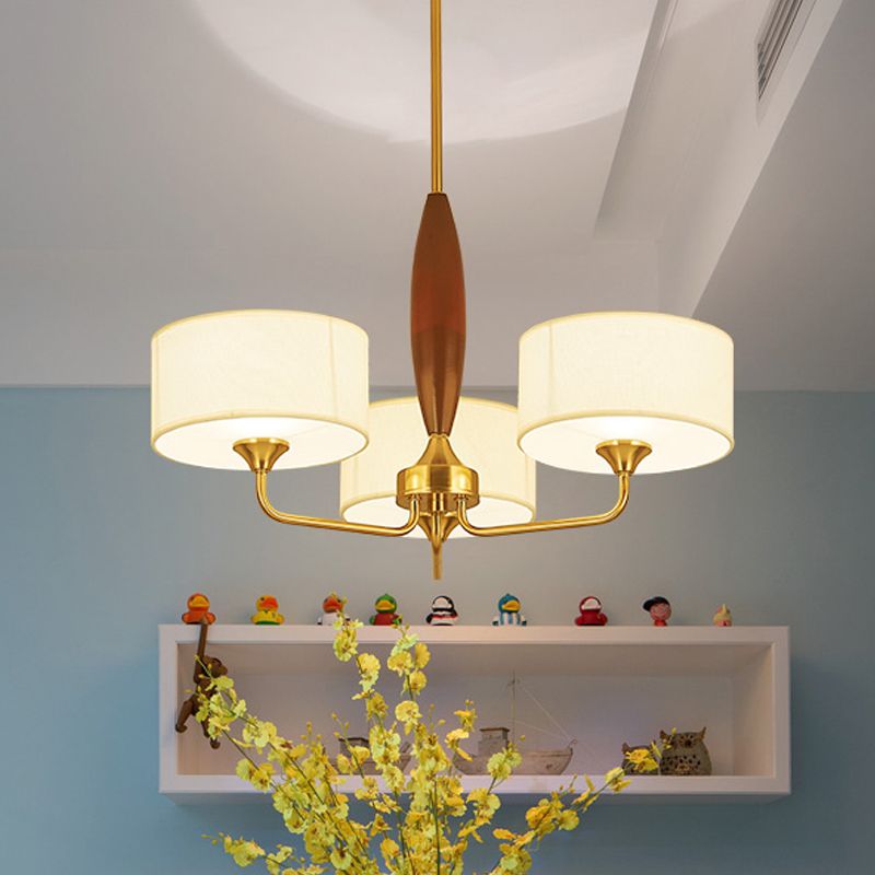 3/5-Bulb Drop Pendant Countryside Bedroom Chandelier Lamp with Drum Fabric Shade in White