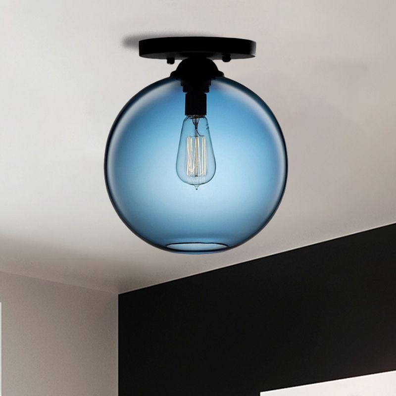Globe Shade Semi Flush Dining Room Red/Brown/Blue Glass Industrial Style 1/2 Light Black Ceiling Lighting