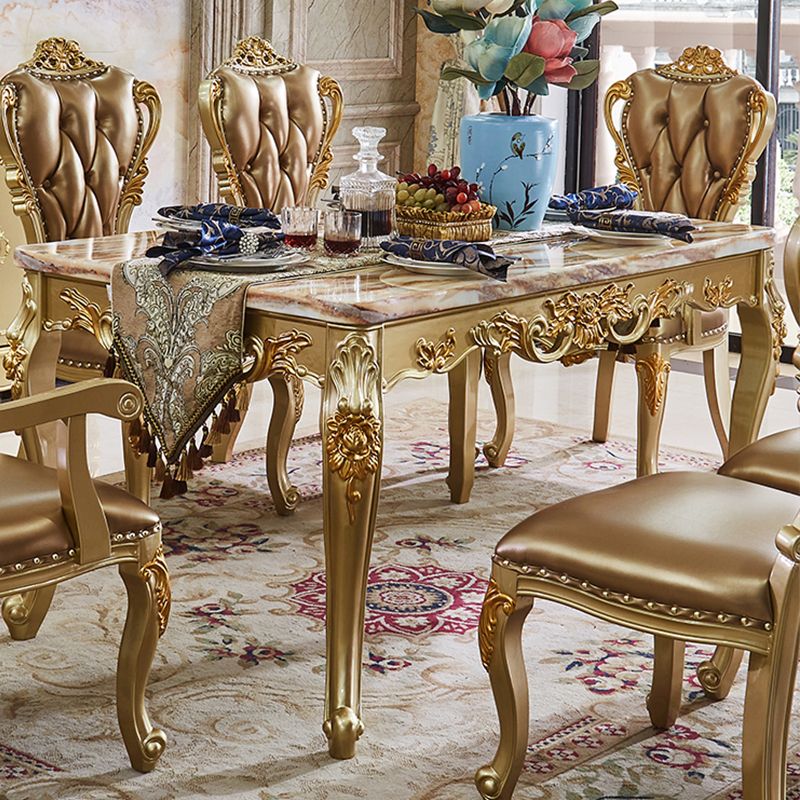 Marble Top Dining Table Rectangle Dining Table with 4 Wood Legs