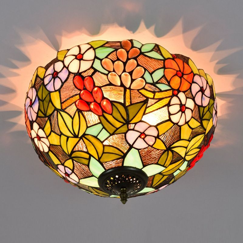 2/3 Lights Flower Ceiling Lighting Tiffany Brass Metal Flush Mount Light for Hallway, 12"/16" Wide