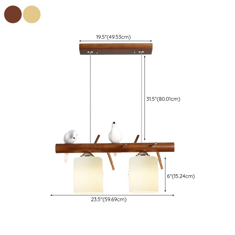 Modern Wood Pendant Light Cylinder Shape Island Light with Glass Shade for Bedroom