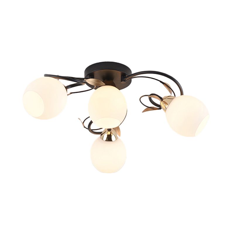 Globe White Glass Semi Flush Light Traditional 4/6/9 Lights Living Room Ceiling Mounted Fixture in Black