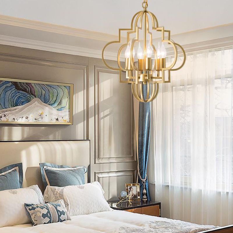 Metal Gold Pendant Lamp Candle Shade 6 Lights Classic Chandelier Light Fixture for Bedroom