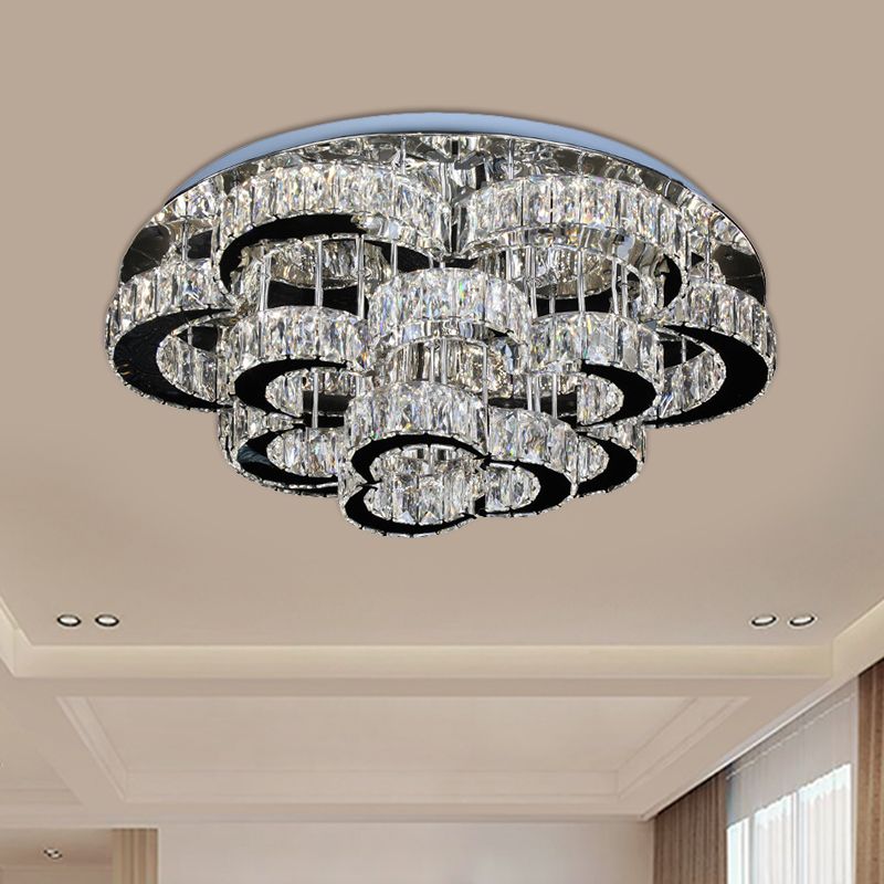 Tiered Floral Semi Flush Mount Modernist Crystal LED Parlor Ceiling Fixture in Chrome, Remote Control Stepless Dimming Light