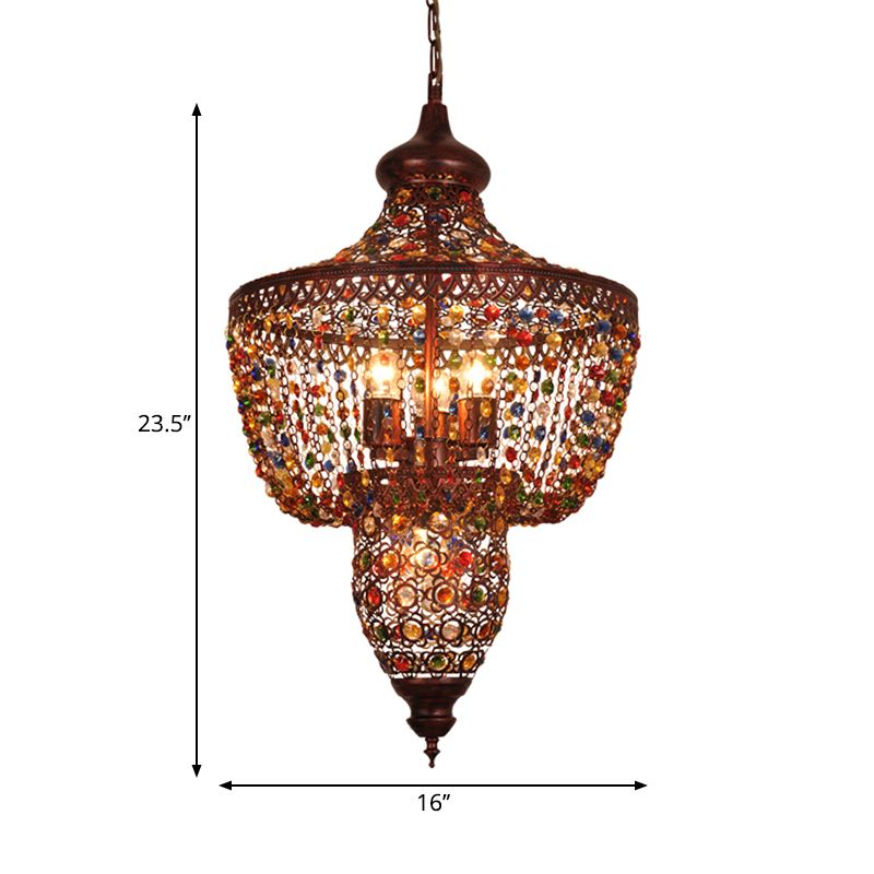 4 Lights Crystal Gem Pendant Light with Metal Shade Bohemia Hanging Ceiling Light in Weathered Copper