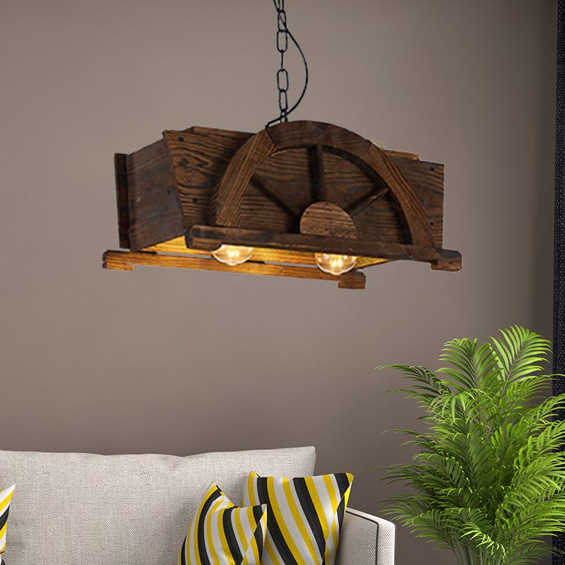 Brown Wood Rectangle Hanging Light 2-bulb Antique Ceiling Fixture for Restaurant