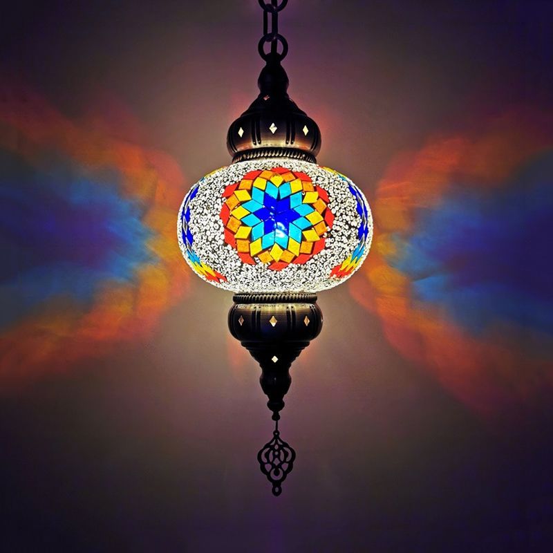 Stained Glass Oval Hanging Light Kit Traditional 1 Head Bedroom Pendant Lighting in White/Red/Orange