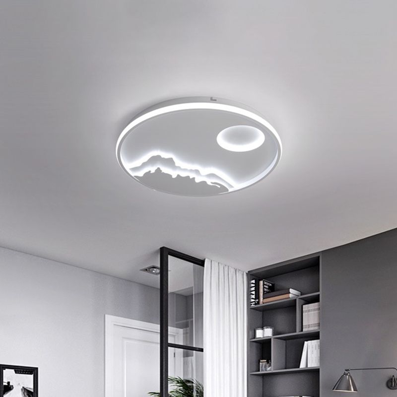 Lámpara de techo circular LED moderna, montaje empotrado con paisaje de amanecer de montaña blanco con pantalla acrílica en luz blanca/cálida, 17"/20,5"/25" W