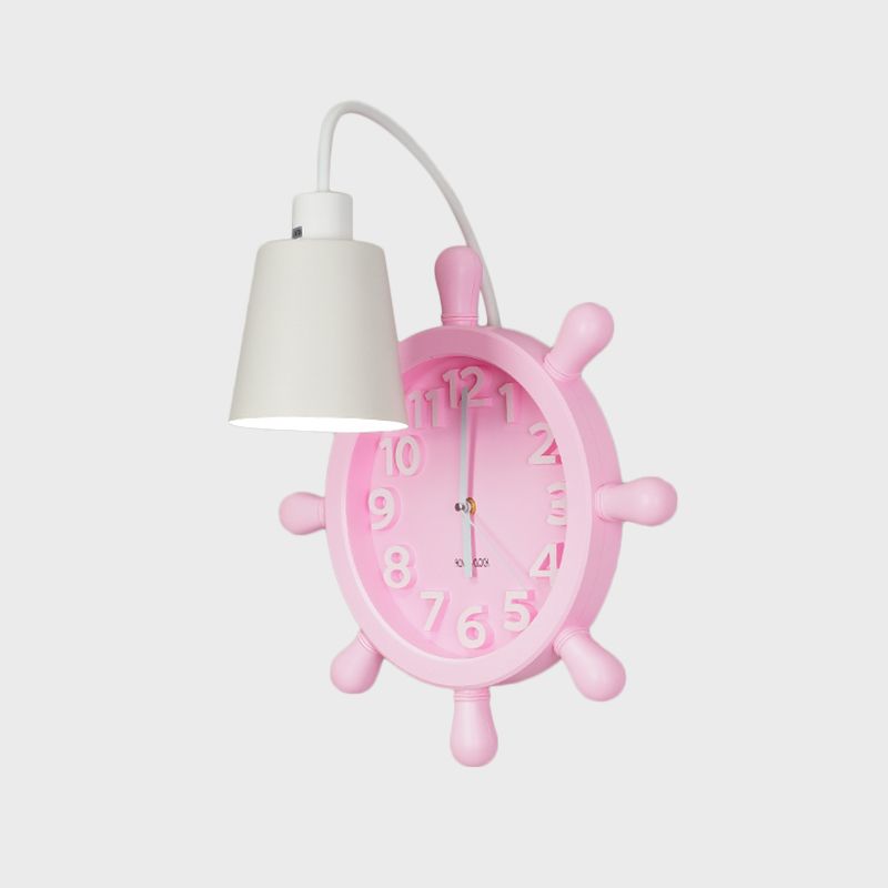 Clock Wall Mounted Light with Rudder Design Kids Metal 1 Light Pink/Blue Finish Wall Lamp Fixture for Bedside