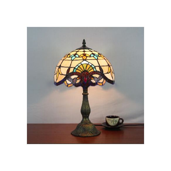 Lampada da scrivania vittoriana Tiffany con paralume bombato, lampada da lettura in vetro colorato con 1 testa in oro/marrone per camera da letto