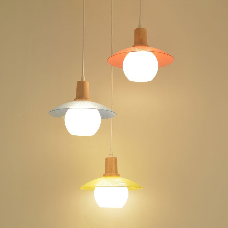 Macaron Disk Multi Pendant Light Blue-Pink-Geel Glass 3 Bolbs Eetkamer Droplamp met houten top