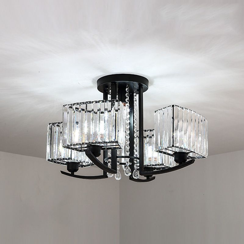 Round Living Room Ceiling Lamp Retro Crystal Block Black Semi Flush Mount Lighting