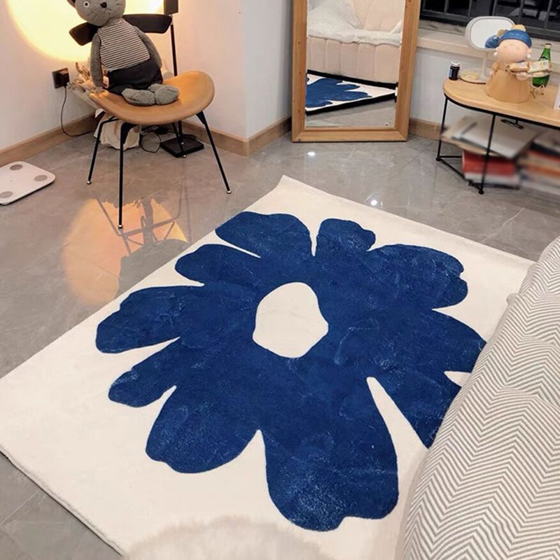 Contemporary Blue Flower Area Rug Polyester Rug Washable Rug for Home Decor
