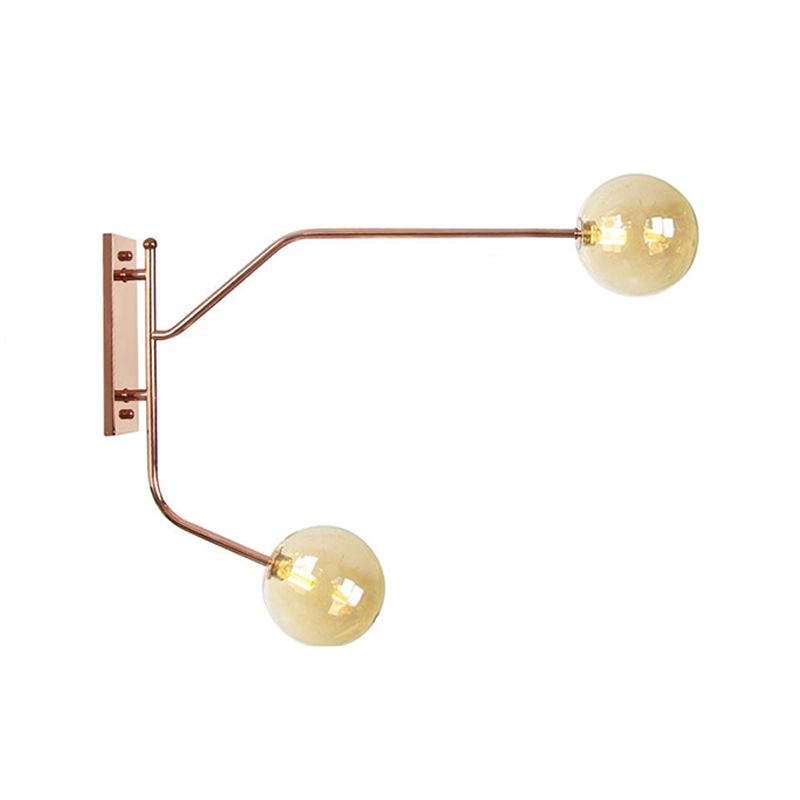 Iron Rose Gold Wall Reading Light Branching 2 Bulbs Industrial Wall Lamp Fixture with Gem/Ball Clear/Smoke Glass Shade