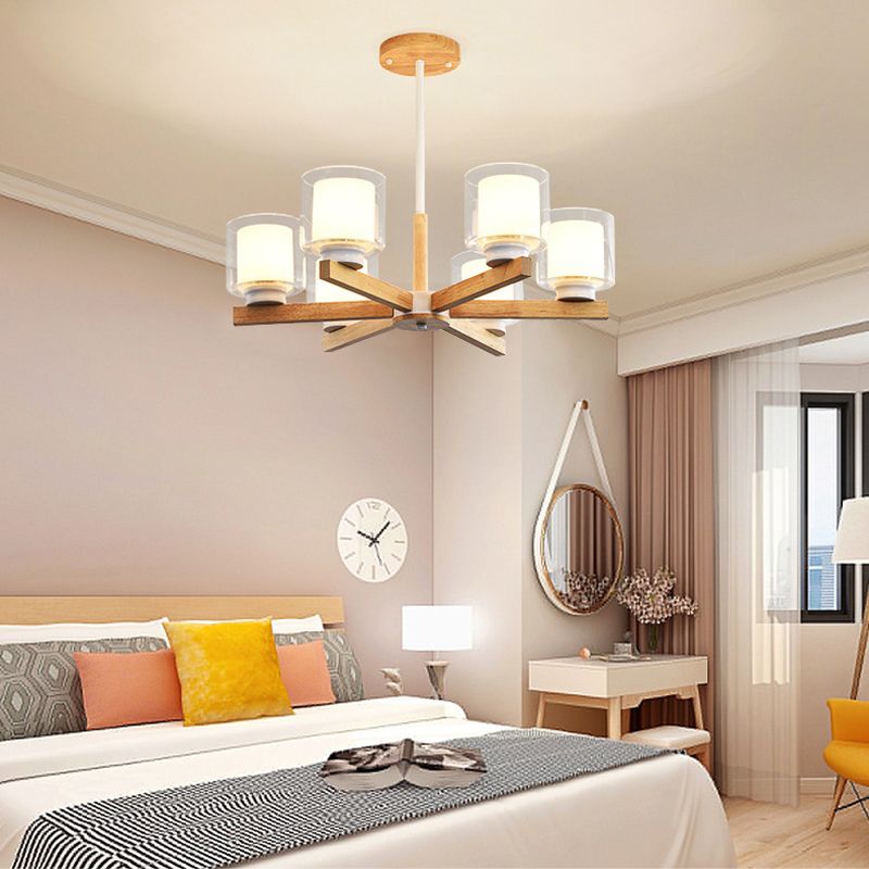 Nordic Style Cylinder Chandelier Pendant Light Wood Living Room Pendant Light Fixture