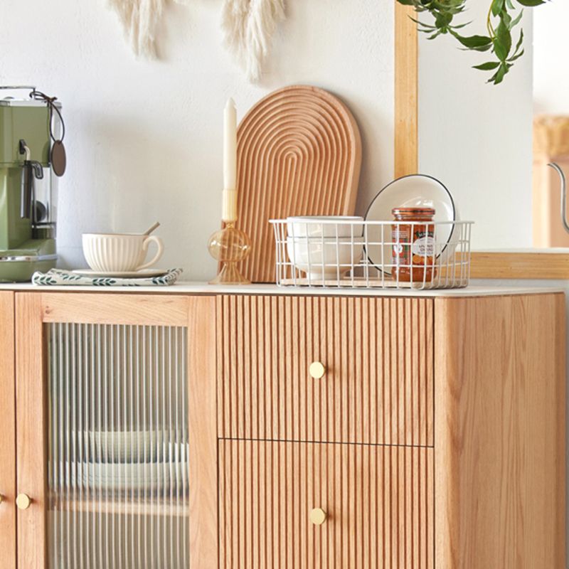 Oak Finished Sideboard Modern Style Glass Door with 3 Drawer