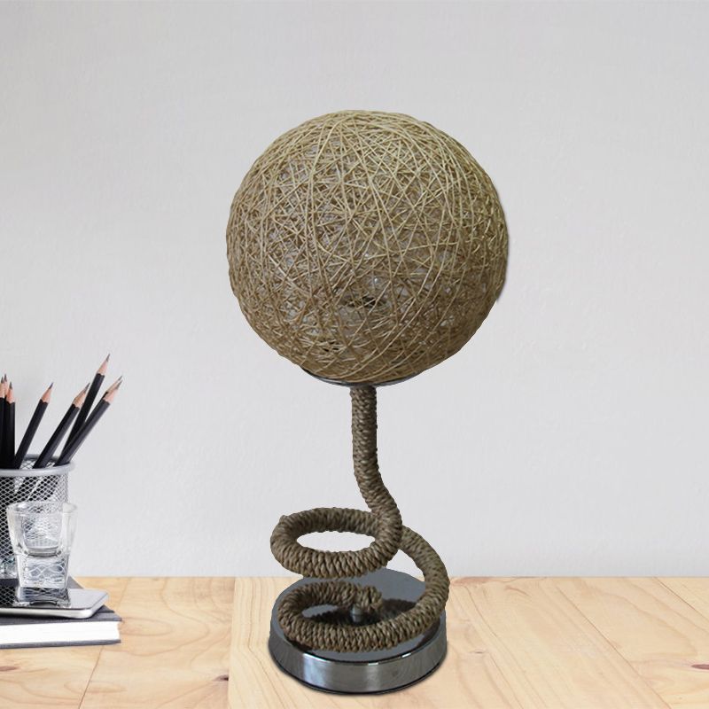 Asian Globe Veilleuse Bambou Rotin 1 Lumière Chambre Corde Lampe de Table de Nuit en Jaune Clair