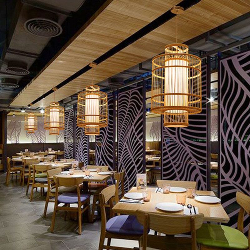 Restaurante geométrico Drop Colgante Bamboo 1 Bulbo de estilo asiático Péndulo Light in Wood