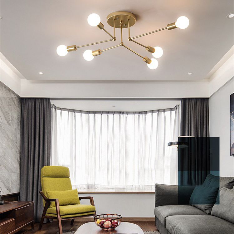 Sputnik Metal Semi Flush Ceiling Light in Industrial Vintage Style Bare Bulb Indoor Ceiling Light