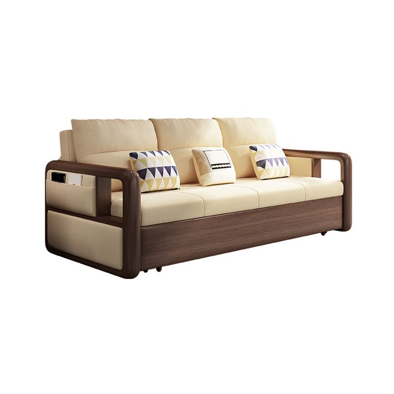 Modernism Brown Fabric Sofa Bed Solid Wood Sofa with Storage