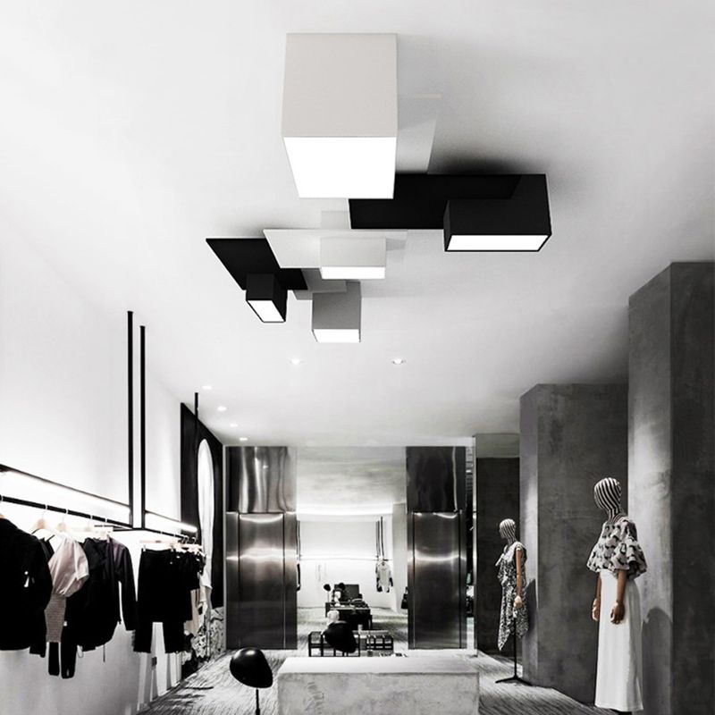 Plafonnier LED noir et blanc en fer de simplicité moderne, plafonnier géométrique avec abat-jour en acrylique