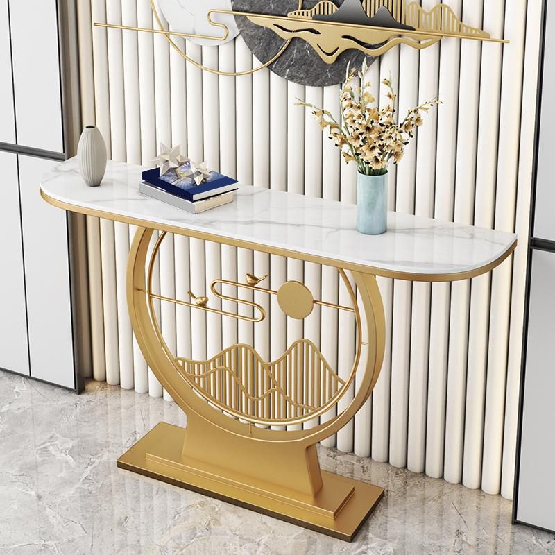 Glam Stone Console Sofa Table Half Moon Iron Accent Table for Hall
