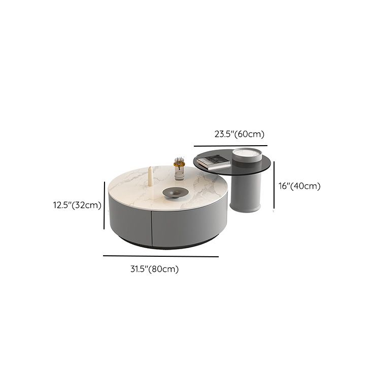 Drum Coffee Table Contemporary Stone Cocktail Table with 2 Storage Drawers