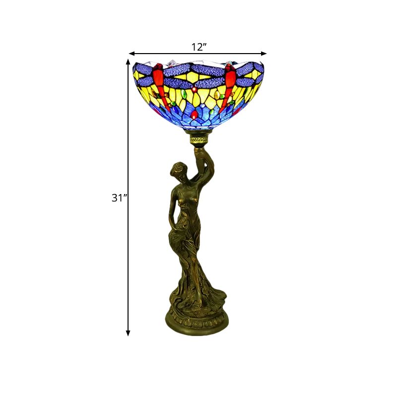 Bowl Table Lighting 1 Head Stained Glass Baroque Petal/Dragonfly Patterned Night Lamp in Brass with Resin Naked Woman Base