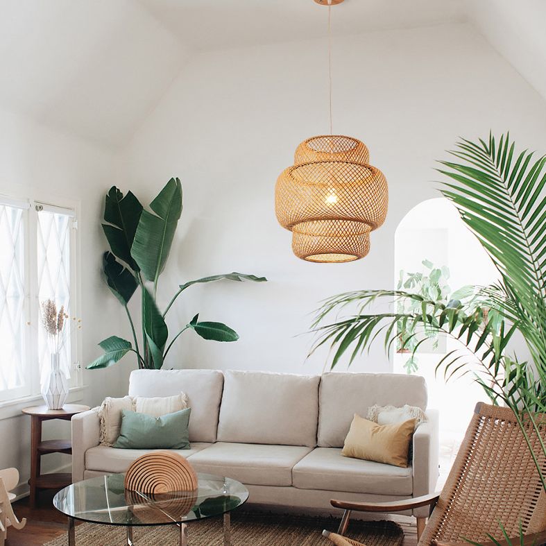 Natural Bamboo Weaving Lantern Hanging Light Asian Style Simplicity 1-Bulb Lighting Fixture in Beige