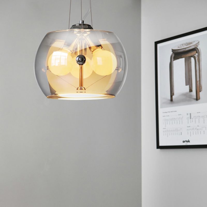 Smoke Gray Glass Drum Ceiling Chandelier Contemporary 3 Heads Hanging Pendant Light