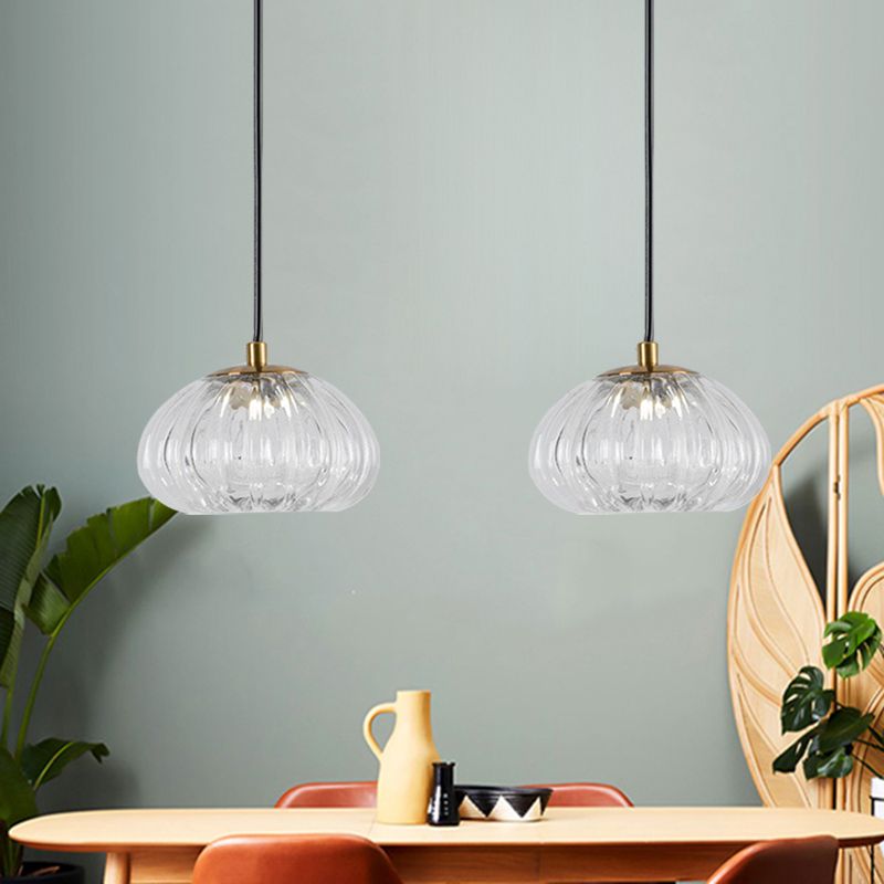 Post-Modern Dome Pendant Lighting Cognac/Clear Ribbed Glass 1 Head Dining Table Suspension Lamp