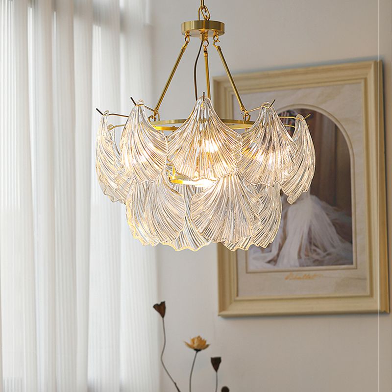American Shell Chandelier Glass Multi Light Hanging Light in Gold for Bedroom