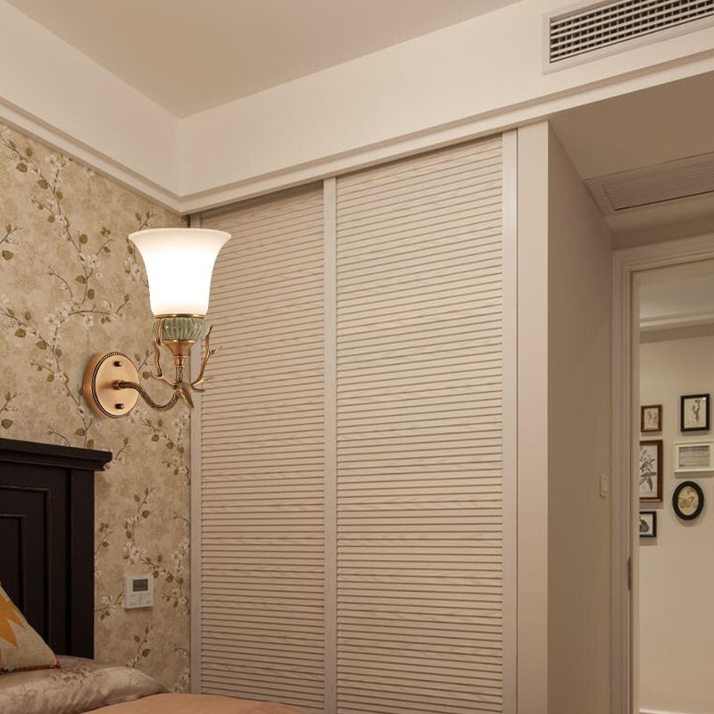 1 Light Wall Mount Lighting Retro Bell Opal Glass Brass Sconce Lamp Fixture with Antlers Curved Arm