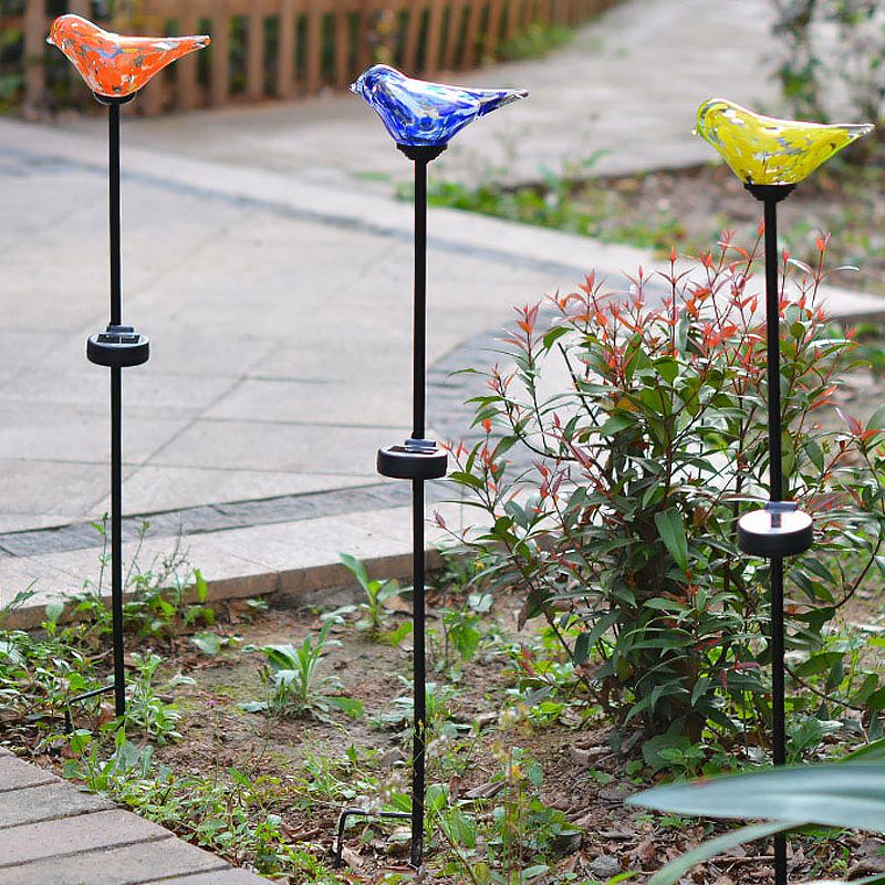 Bird Garden Decoration Stake Lamp Blue/Yellow/Orange Glass Modernist LED Solar Path Light in Black