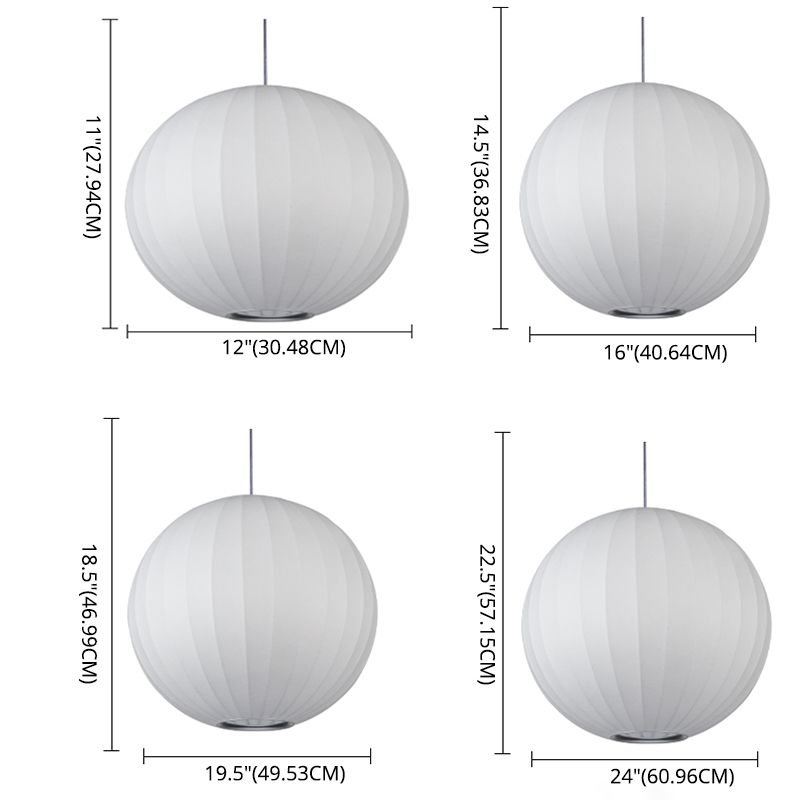 Globe Stretch Silk Suspension Lamp Nordic Style 1-light Dining Room Lighting Fixture in White