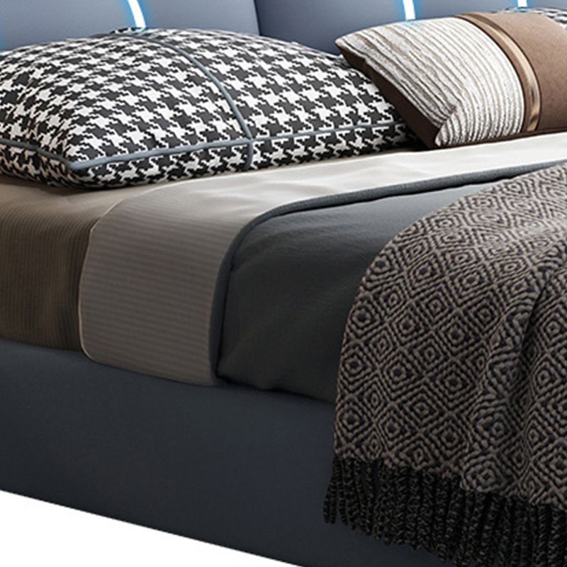 Contemporary Genuine Leather Upholstered Platform Bed Blue Bed Frame